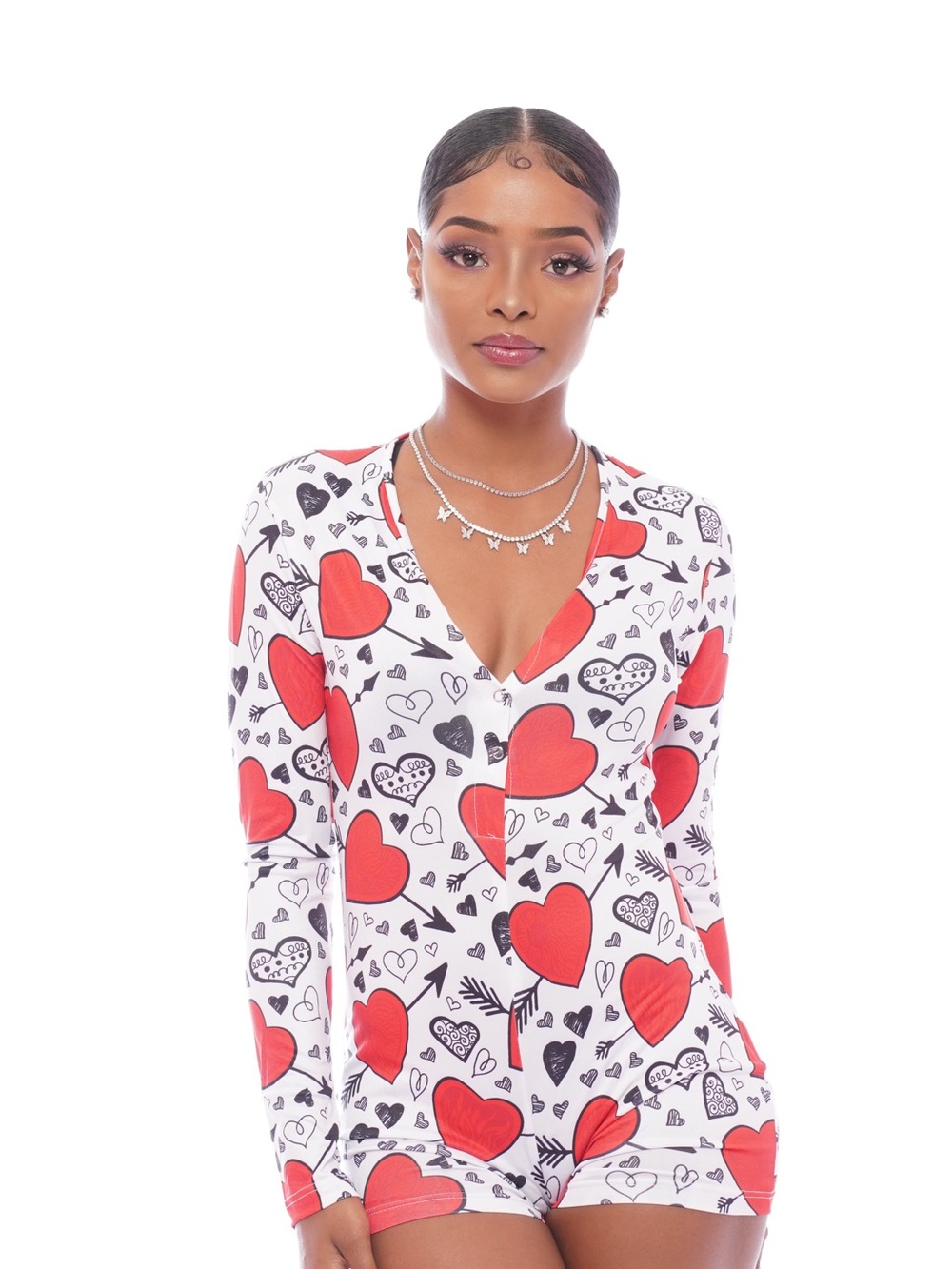White Romper with Red Heart Print